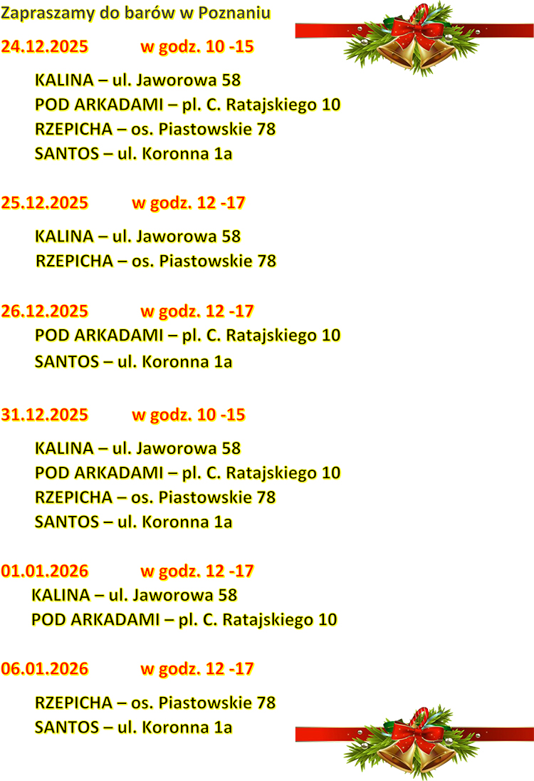 wykaz godzin pracy barów mlecznych w okresie świątecznym