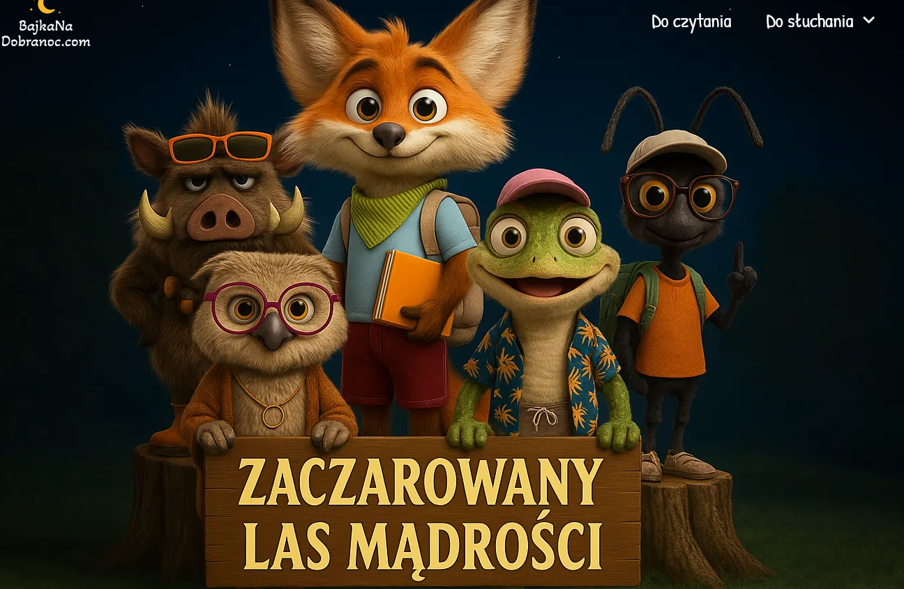 5 postaci z bajek. Na dole napis: Zaczarowany las mądrości