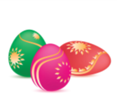 trzy pisanki w kolorach: zielony, pomarańczowy i czerwonym