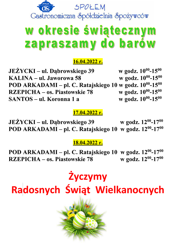 Termyn otwarcie barów w wielkanoc