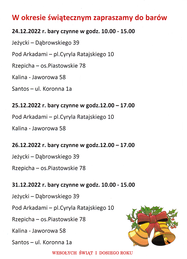 wykaz otwartych Barów w święta 2022