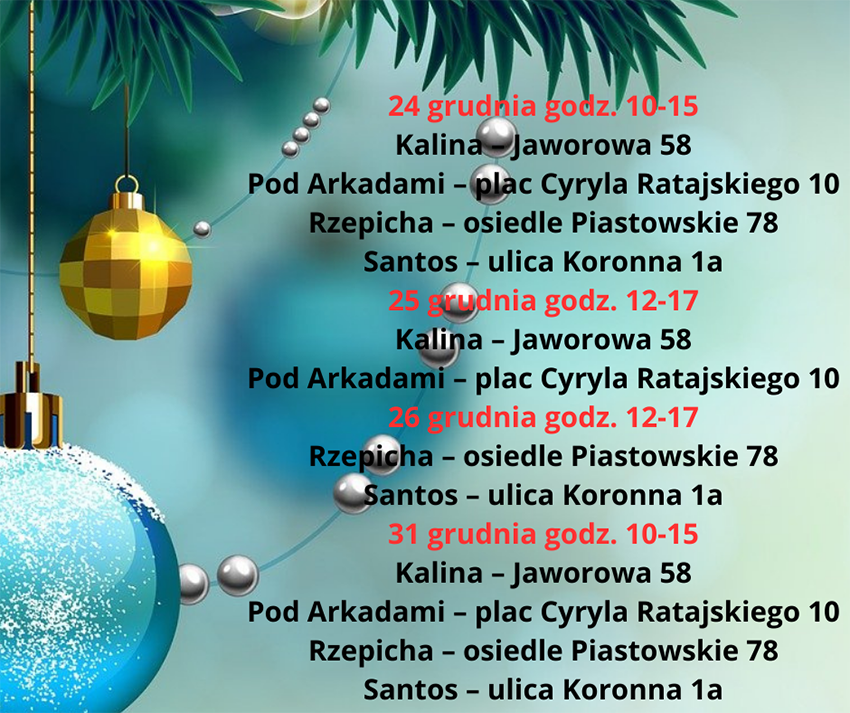 Na grafice bombki i wykaz barów czynnych w święta