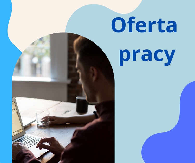 <br />
Grafika ze zdjęciem mężczyzny z laptopem i napis: oferta pracy<br />
